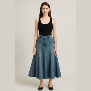 A.M.I. Blue Denim A-Line Mermaid Denim Long Maxi Skirt Western Costal Sz 10